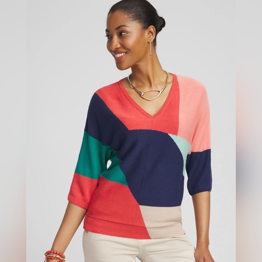 Chico's NWT Colorlocked Intarsia Pullover Sweater Medieval Blue 3/XL